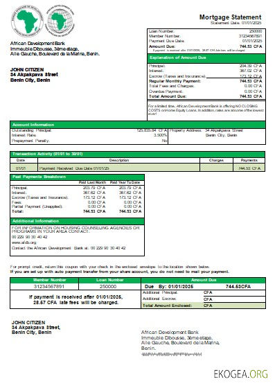 Bénin Banque africaine de développement à revenu hypothécaire scr